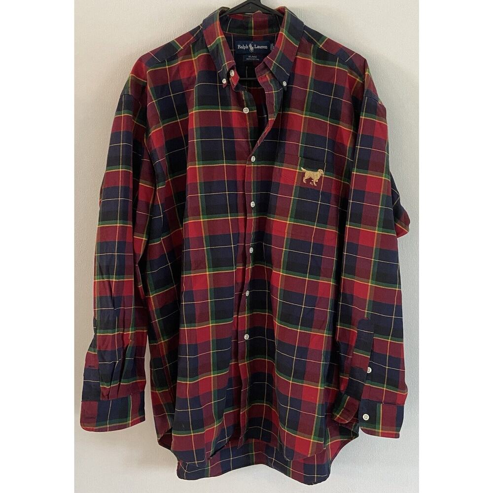 Ralph Lauren Polo Labrador Dog Tartan Plaid Blake Long Sleeve Button Shirt Sz L